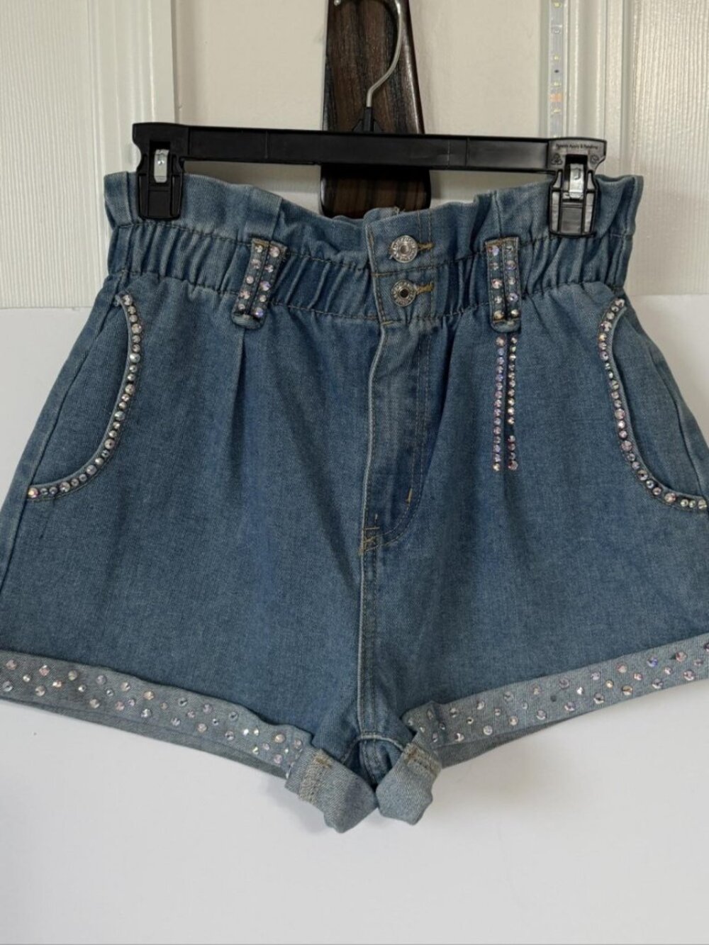 SHEIN Shorts Womens M Blue Denim Rhinestone Paperbag High Waist Cuffed Hem